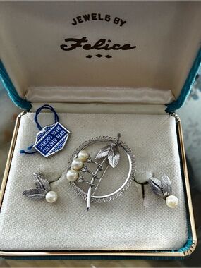 Sterling Silver Pearl Leaf Brooch and Earring Set - Ivory Pearls